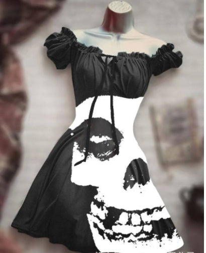 Halloween 3D Skull Print Women's Short Sleeve A- Line Skirt - Bests Sale