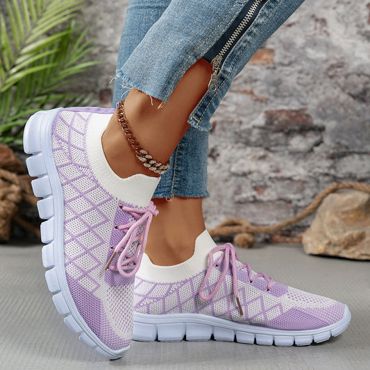 Colorblock Plaid Lace-Up Flyknit Sneakers Ins Mesh Casual Shoes Fashion Breathable Walking Running Sports Shoes For Women - Bests Sale