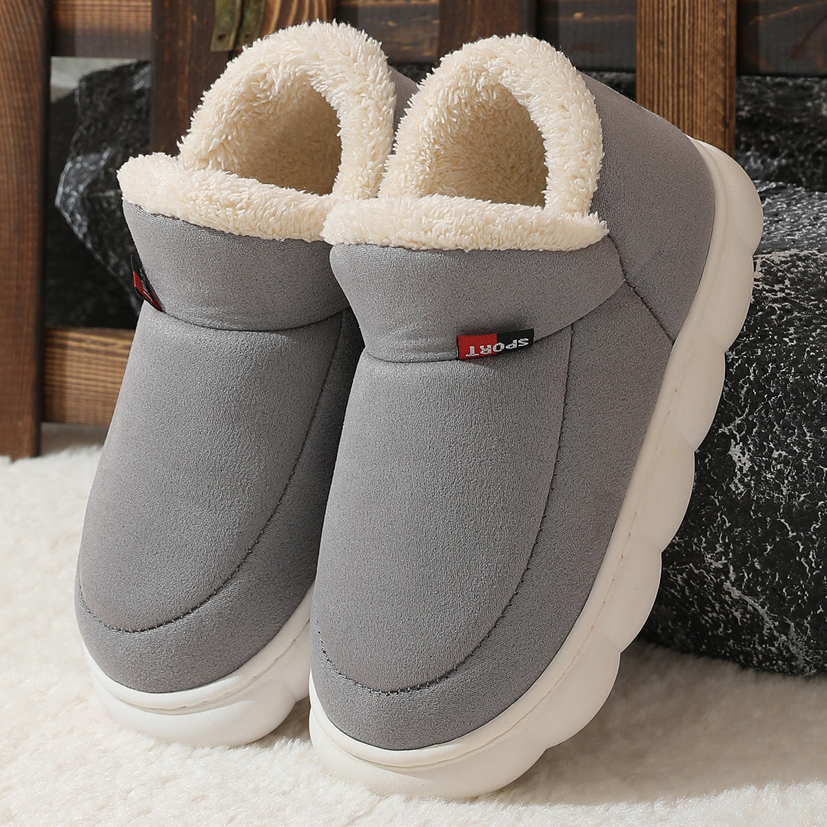 Winter Plush Cotton Shoes Women Men Warm Suede House Shoes For Parents Solid Color Thick-soled Garden Shoes Outdoor - Bests Sale