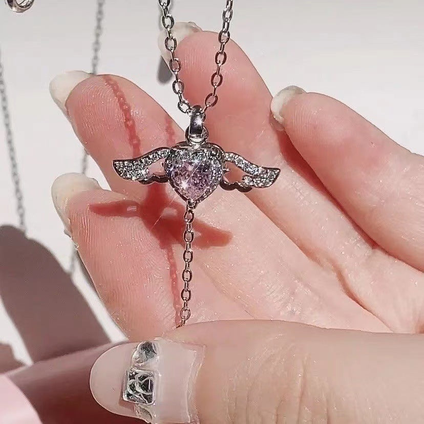 Moving Cupid Heart Angel Wings Tassel Necklace With Crystal Clavicle Chain Women Jewelry Gift Valentine's Day - Bests Sale