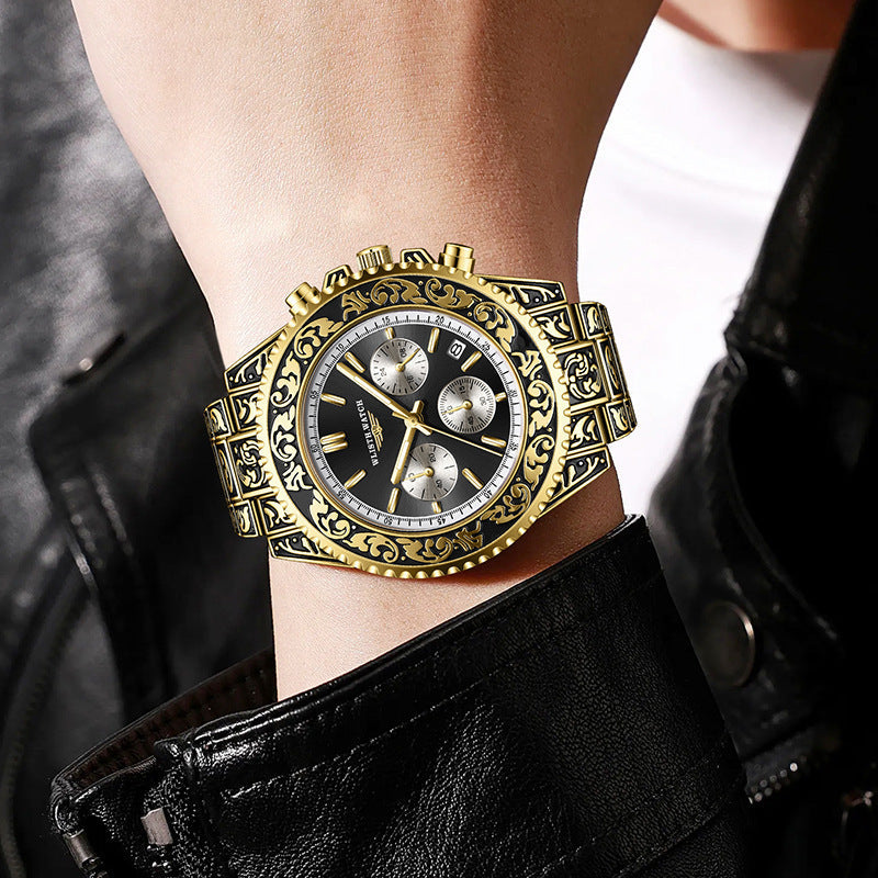 Vintage Engraving Quartz Multi-function Men's Watch Bests Sale