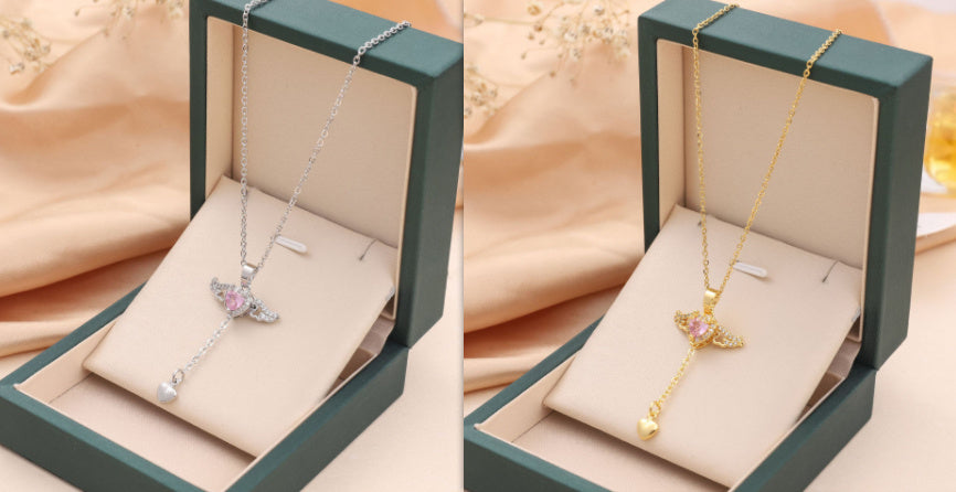 Moving Cupid Heart Angel Wings Tassel Necklace With Crystal Clavicle Chain Women Jewelry Gift Valentine's Day - Bests Sale