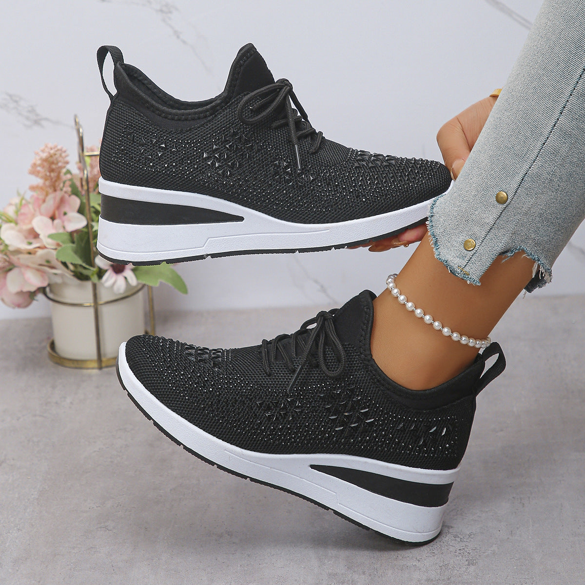 Rhinestone Lace Up Fashion Style Daily Commuter Women's Casual Shoes - Bests Sale