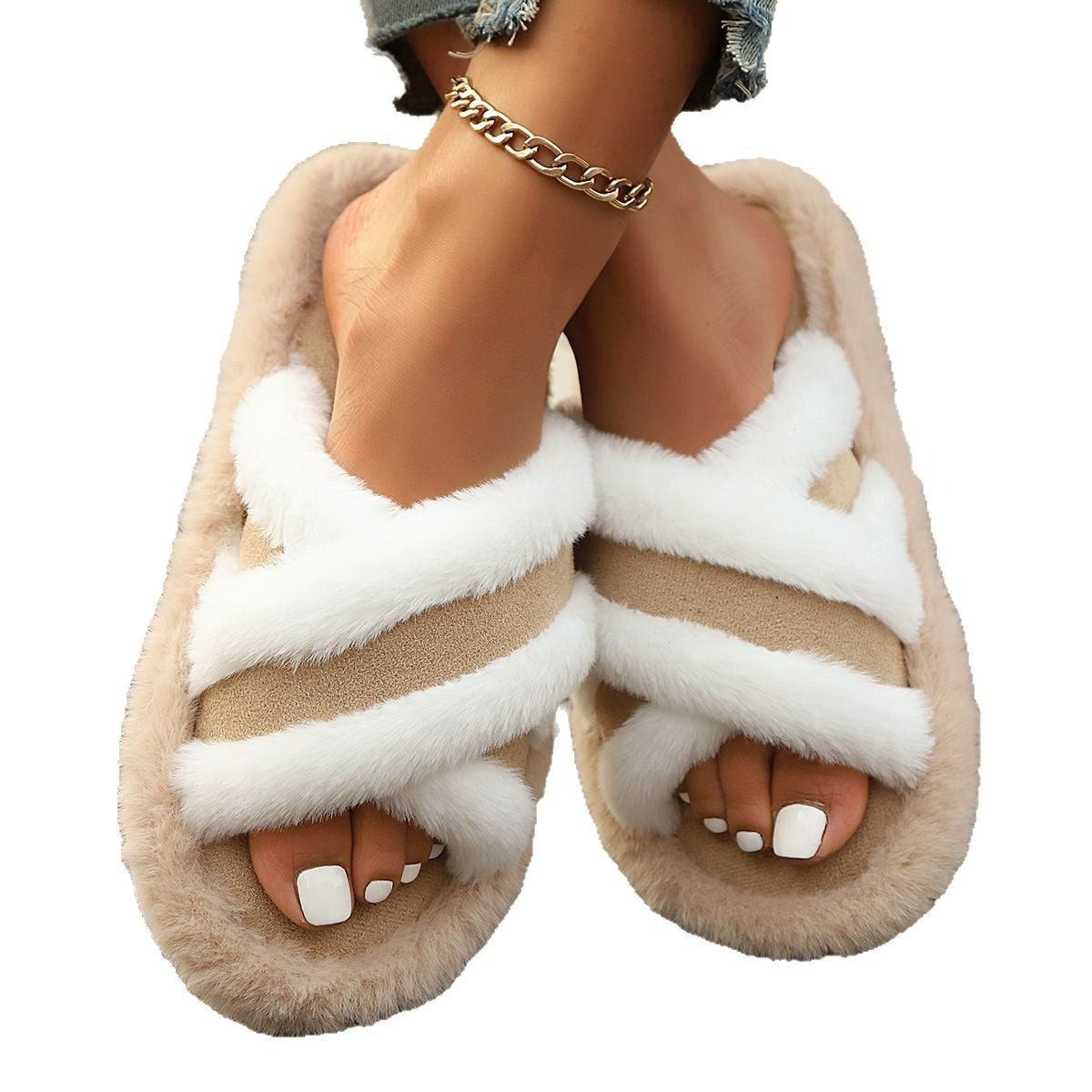 Fluffy Slippers Cross Strap Stitching Warm Casual Platform Slippers - Bests Sale