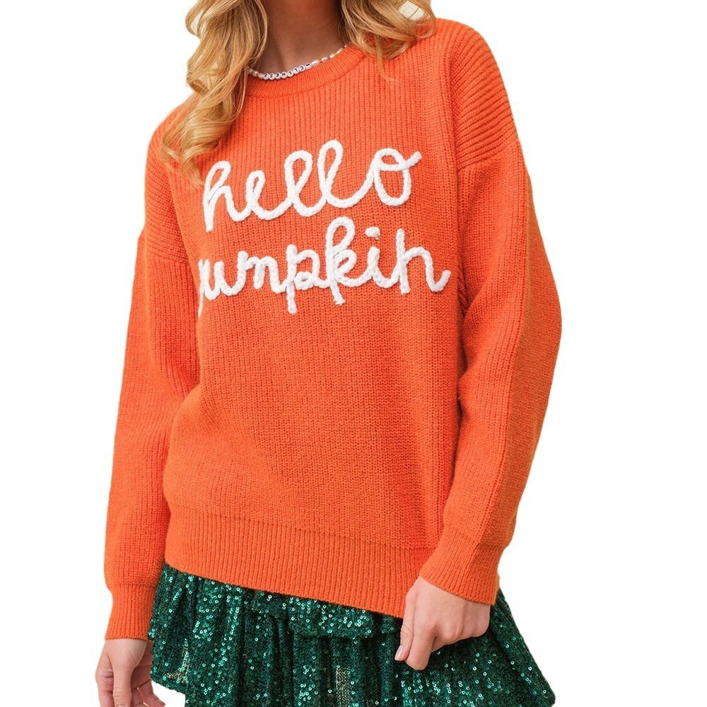 Women's Halloween Contrast Color Embroidery Crew Neck Pullover Sweater Bests Sale