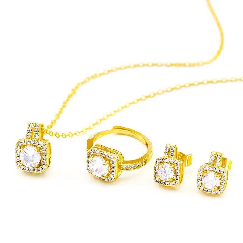 Fashion Jewelry Set Zircon Gem Pendant Chain Choker Necklace For Women Gold Color Stud Earring Statement Wedding Ring - Bests Sale