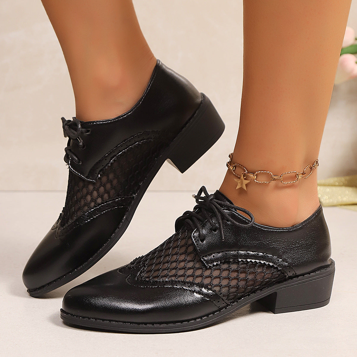 Retro Soft Leather Low Heel Brogue Lace-up Flat Pointed Pumps - Bests Sale