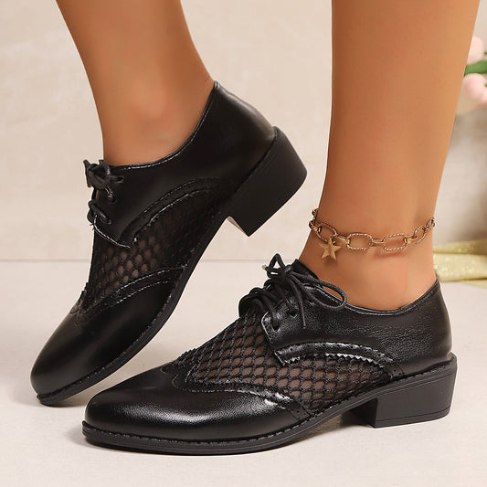 Retro Soft Leather Low Heel Brogue Lace-up Flat Pointed Pumps - Bests Sale