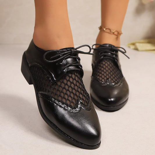Retro Soft Leather Low Heel Brogue Lace-up Flat Pointed Pumps - Bests Sale
