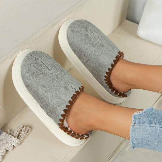 Winter Fashion Cotton Slippers With Sewing-side Design Indoor Non-slip Bedroom Floor Plush Slipper House Shoes Women Couple - Bests Sale