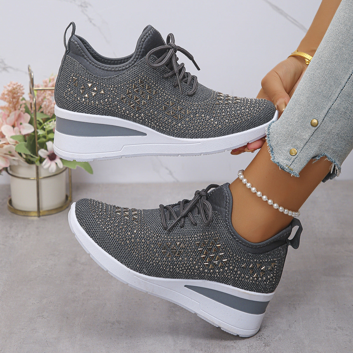 Rhinestone Lace Up Fashion Style Daily Commuter Women's Casual Shoes - Bests Sale