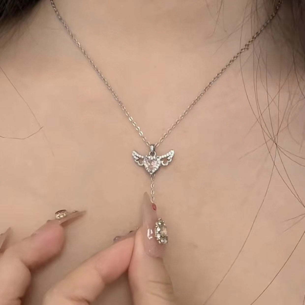Moving Cupid Heart Angel Wings Tassel Necklace With Crystal Clavicle Chain Women Jewelry Gift Valentine's Day - Bests Sale