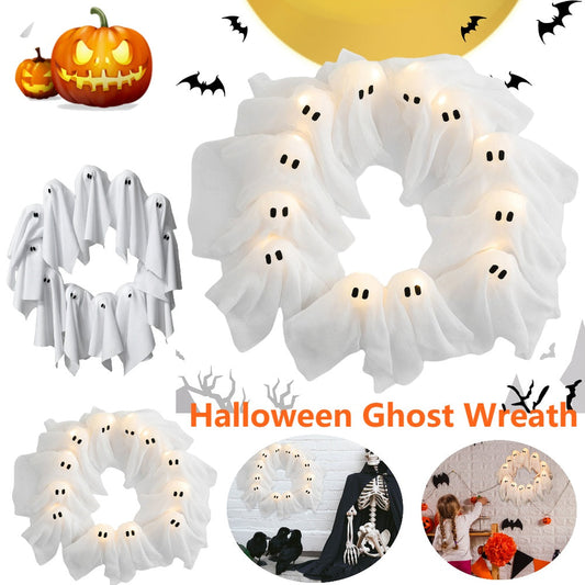 Halloween Decorations Ghost Wreath Cute Ghost Halloween Door Sign For Door Porch Wall Holiday Home Decor Glow Ghost Lights Coffee Jasper