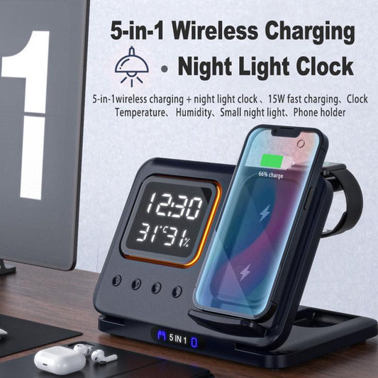 15W Wireless Chargers Stand 5 In1 LED Digital Alarm Clock Fast Charging Dock Station Coffee Jasper