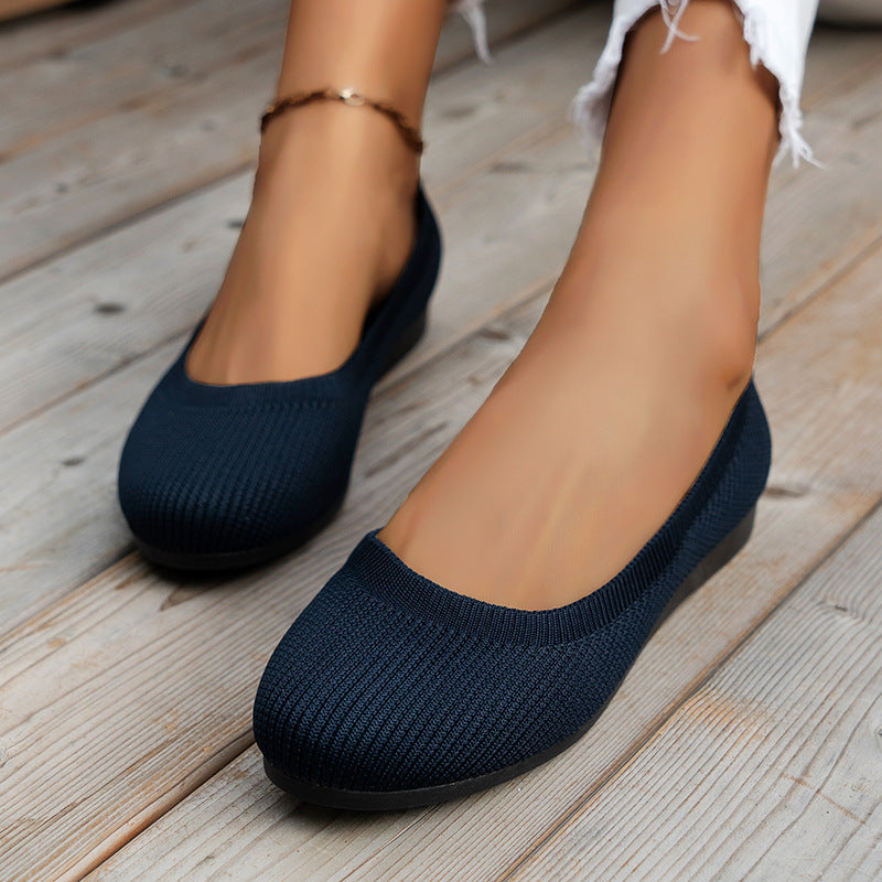 Round Toe Flats Shoes Casual Comfortable Soft Slip On Knit Mesh Shoes For Women - Bests Sale