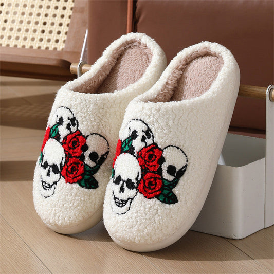 Halloween Skull Rose Slippers Winter Warm Indoor Floor Bedroom Home Slipper For Women Bests Sale