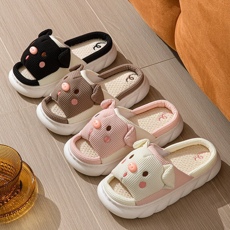 Piggy Cute Couple Open Toe Linen Cotton Linen Slippers - Bests Sale