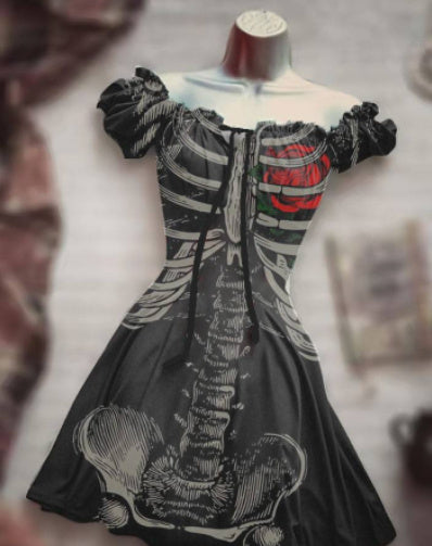 Halloween 3D Skull Print Women's Short Sleeve A- Line Skirt - Bests Sale