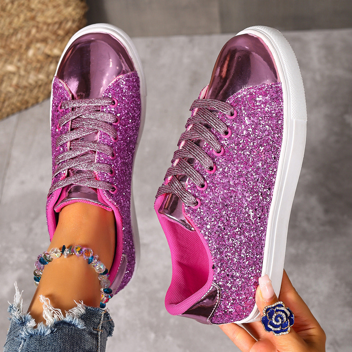 Plus Size Sequined Front Lace-up Solid Color Plus Size Board Shoes - Bests Sale