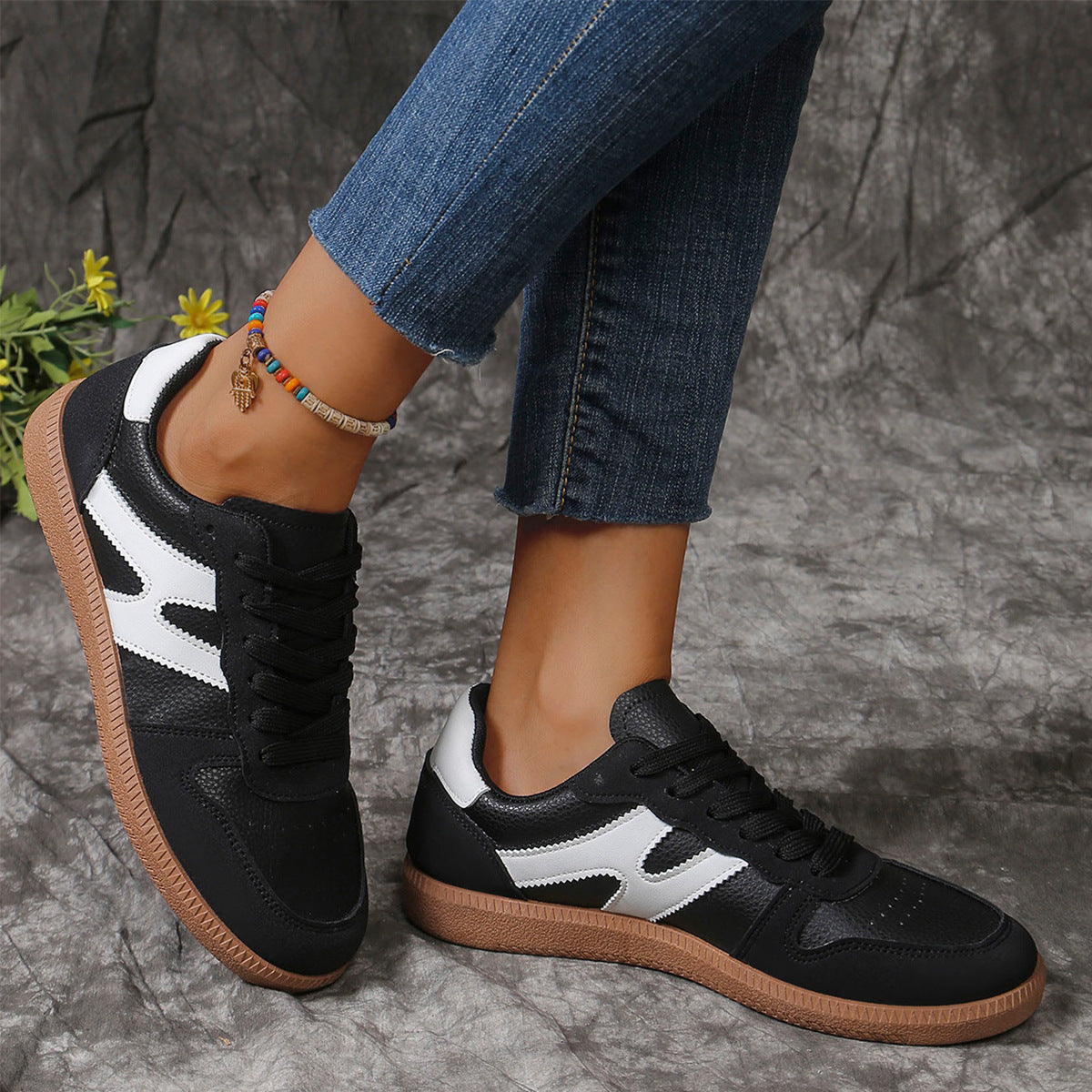 New Colorblock Lace-up Flats Shoes Fashion Round Toe Slip On Casual Shoes For Women - Bests Sale