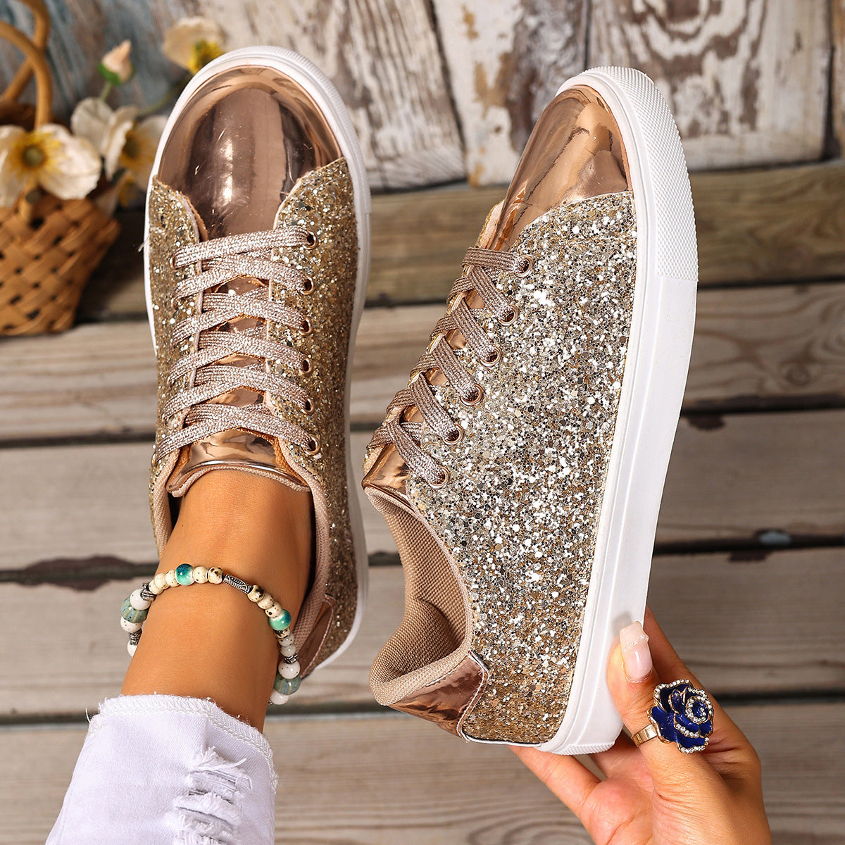 Plus Size Sequined Front Lace-up Solid Color Plus Size Board Shoes - Bests Sale