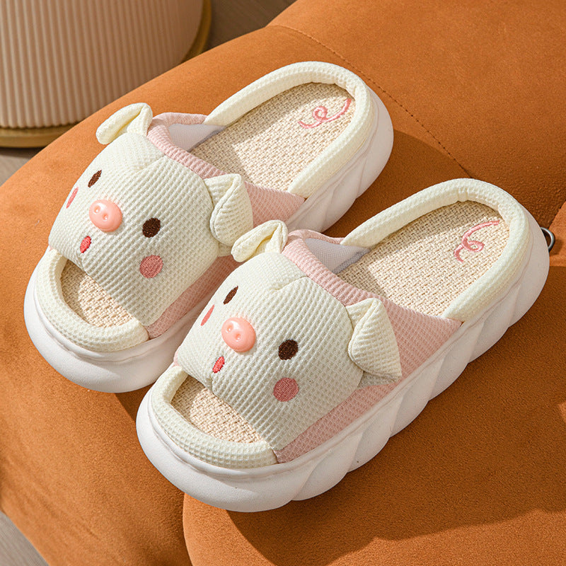 Piggy Cute Couple Open Toe Linen Cotton Linen Slippers - Bests Sale