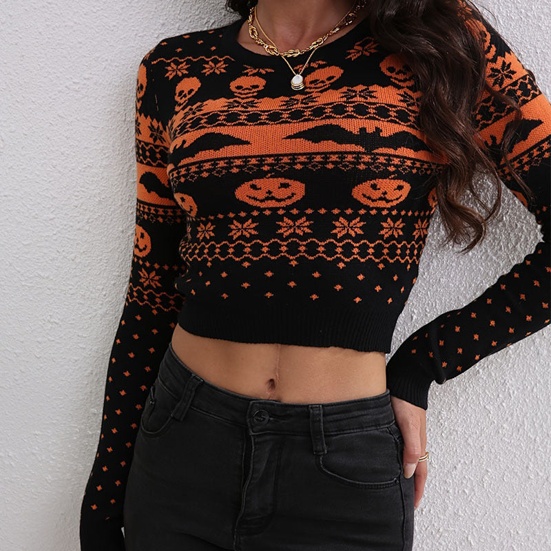 Women's Contrast Color Jacquard Fashion Round Neck Sweater - Bests Sale