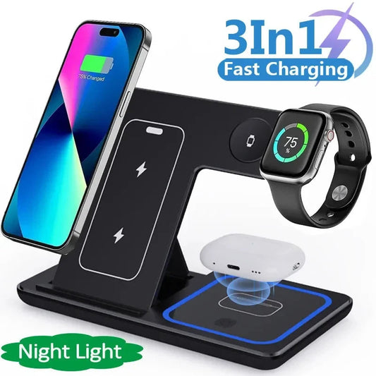 15W 3 In 1 LED Fast Wireless Charger Stand Foldable Charging Station For Smart Phone 15 14 13 12 11 IWatch 9 8 7 6 5 Airpods Pro Coffee Jasper