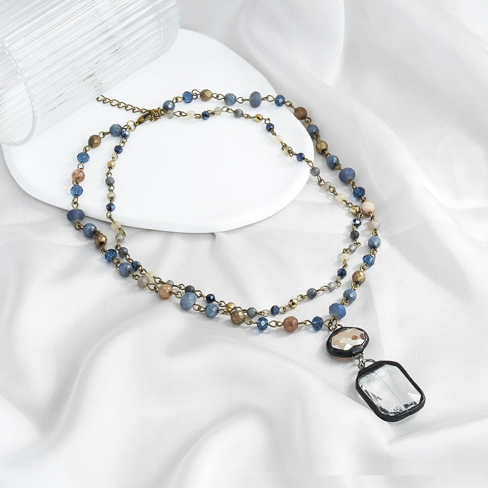 Fashion Tribal Style 2-layer Natural Stone Glass Chain Necklace - Bests Sale