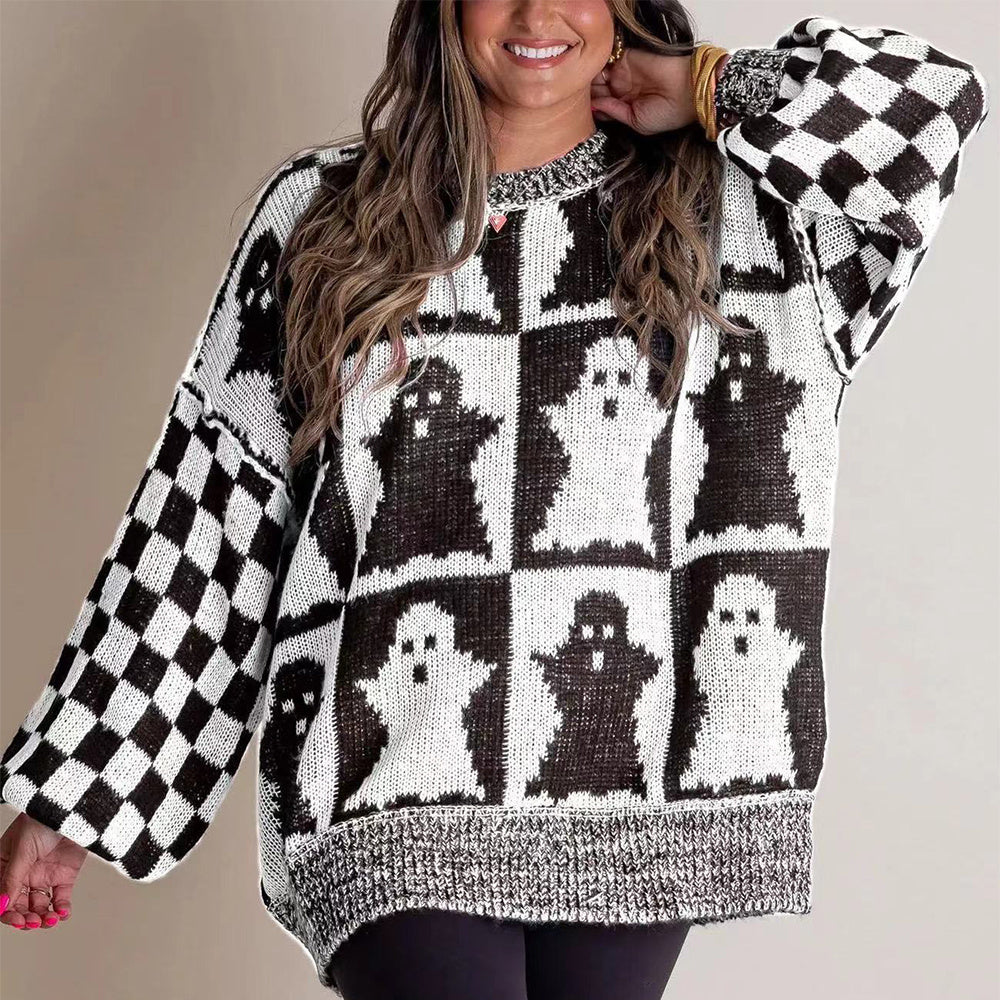 Halloween Cartoon Ghost And Checkerboard Print Pullover Sweater Autumn And Winter Loose Long-sleeved Knitted Tops For Women Bests Sale