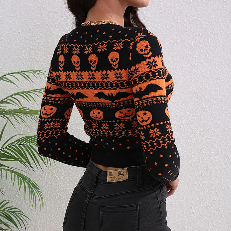 Women's Contrast Color Jacquard Fashion Round Neck Sweater - Bests Sale