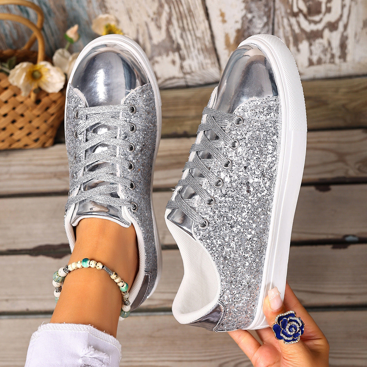Plus Size Sequined Front Lace-up Solid Color Plus Size Board Shoes - Bests Sale