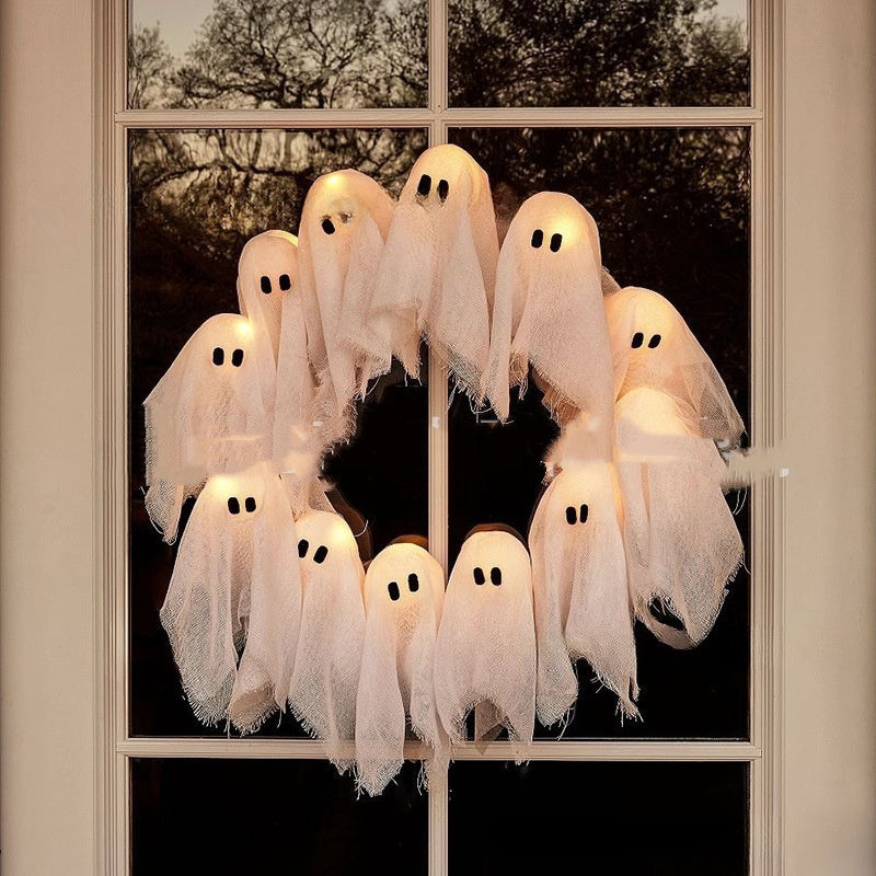 Halloween Decorations Ghost Wreath Cute Ghost Halloween Door Sign For Door Porch Wall Holiday Home Decor Glow Ghost Lights Coffee Jasper