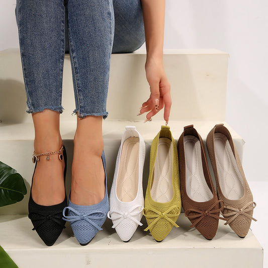 Bow Knitted Loafers Ins Fashion Pointed-toed Flats Shoes For Women - Bests Sale