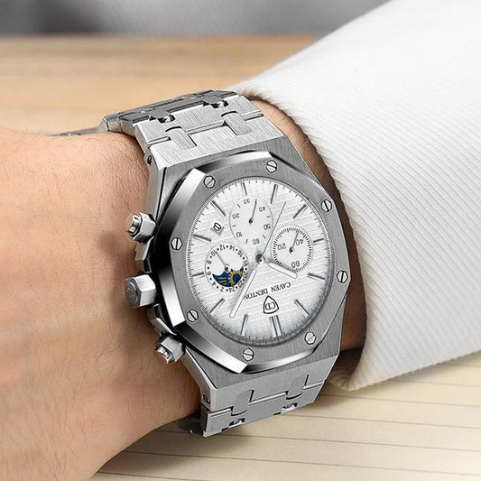 Waterproof High-grade Three Eyes And Six Needles Multi-functional Moon Phase Men's Steel Strap Watch Bests Sale