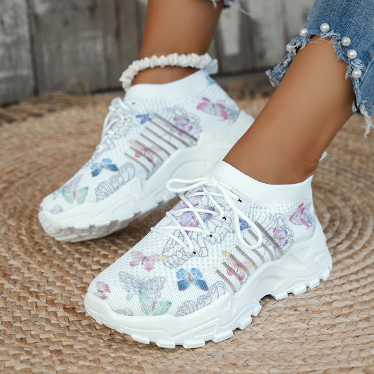 Butterfly Print Mesh Sneakers Women's Flat Heel Casual Shoes Fashion Running Jogging Walking Sports Shoes - Bests Sale