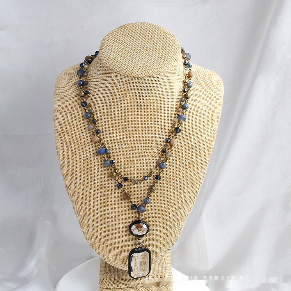 Fashion Tribal Style 2-layer Natural Stone Glass Chain Necklace - Bests Sale