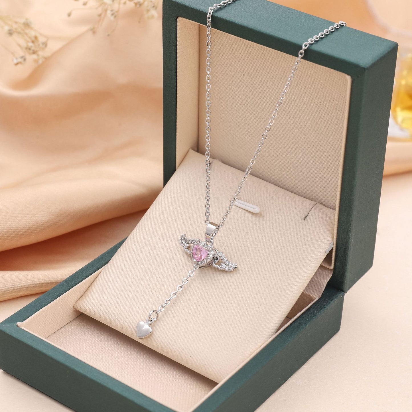 Moving Cupid Heart Angel Wings Tassel Necklace With Crystal Clavicle Chain Women Jewelry Gift Valentine's Day - Bests Sale