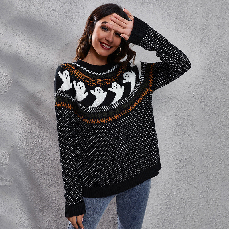Halloween Cartoon Ghost Polka Dot Pullover Sweater Autumn And Winter Loose Long-sleeved Knitted Tops For Women Bests Sale