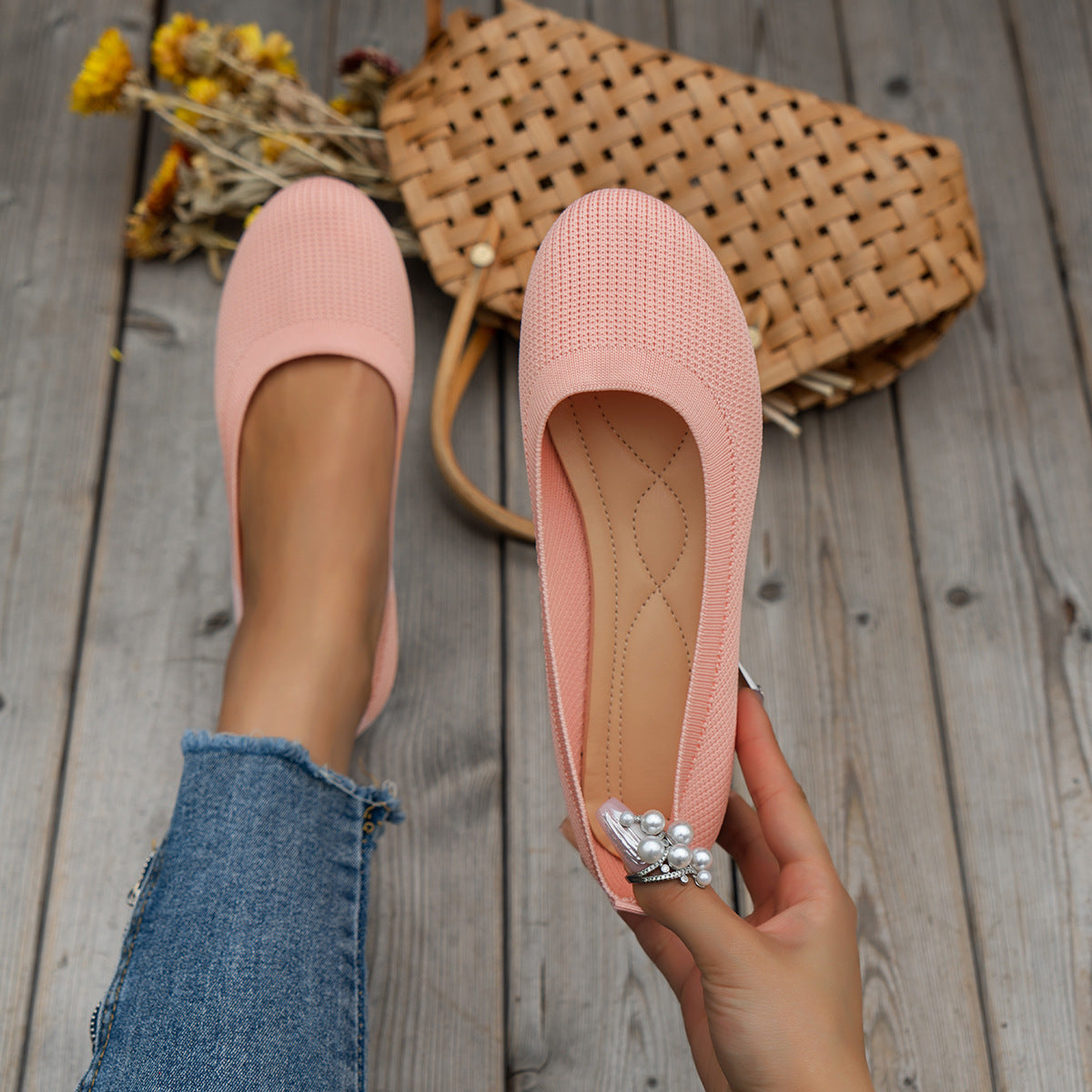 Round Toe Flats Shoes Casual Comfortable Soft Slip On Knit Mesh Shoes For Women - Bests Sale