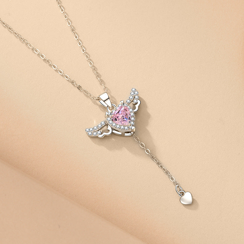 Moving Cupid Heart Angel Wings Tassel Necklace With Crystal Clavicle Chain Women Jewelry Gift Valentine's Day - Bests Sale