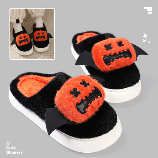 Halloween Cartoon Funny Pumpkin Slippers With Small Wings Design Indoor Non-slip Bedroom Floor Cotton Slipper Winter House Shoes Couple Bests Sale