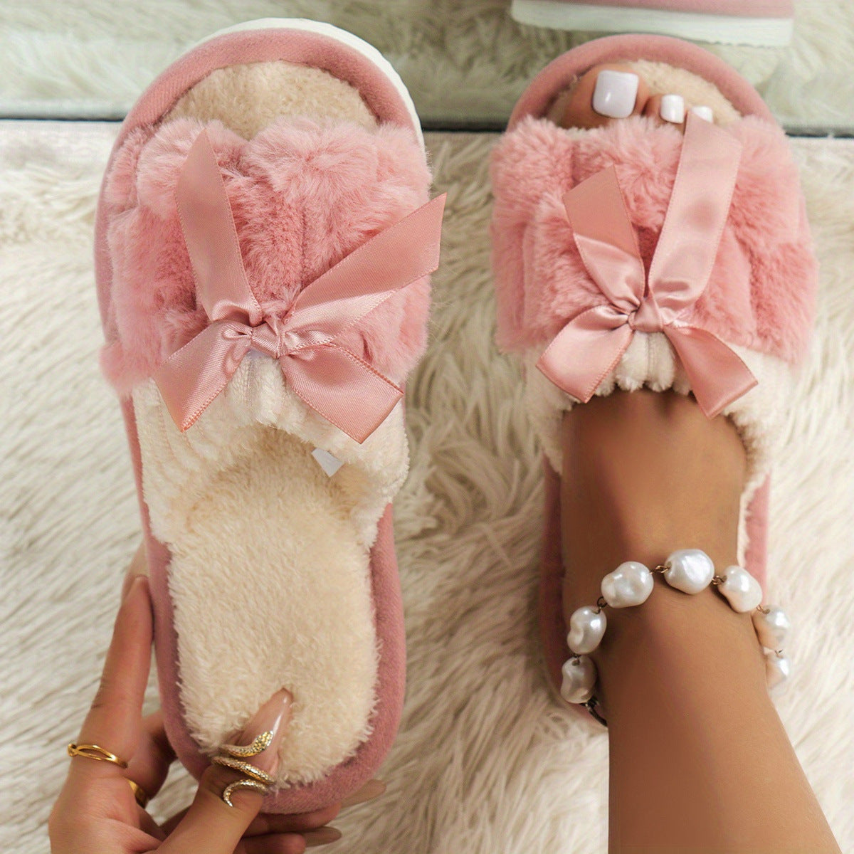 New Bow Plush Slippers Indoor - Bests Sale