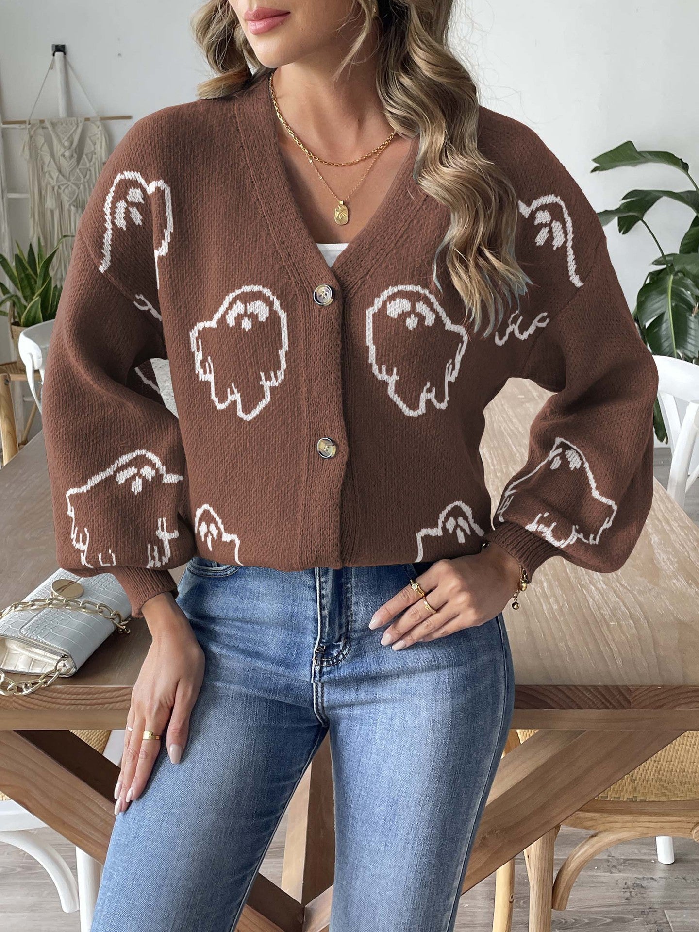 Halloween Sweater Coat Women's Loose Casual Button Sweater Bests Sale