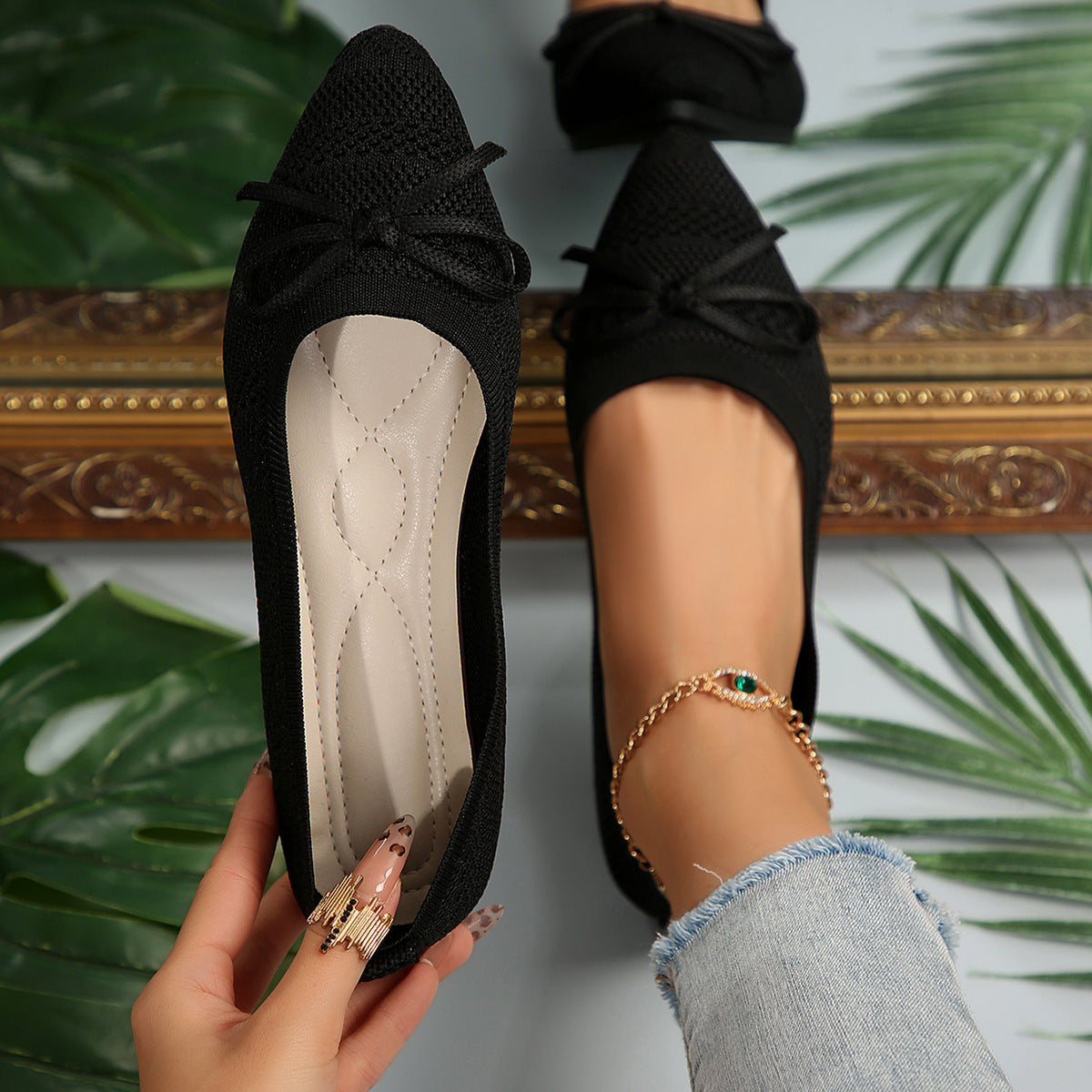 Bow Knitted Loafers Ins Fashion Pointed-toed Flats Shoes For Women - Bests Sale