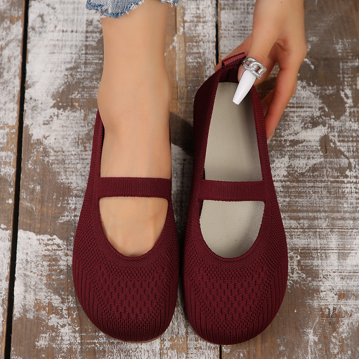 Women's Flat Bottom Pumps Plus Size Shallow Mouth Low-top Slip-on Flyknit - Bests Sale