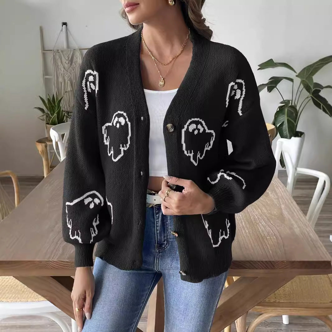 Halloween Sweater Coat Women's Loose Casual Button Sweater Bests Sale