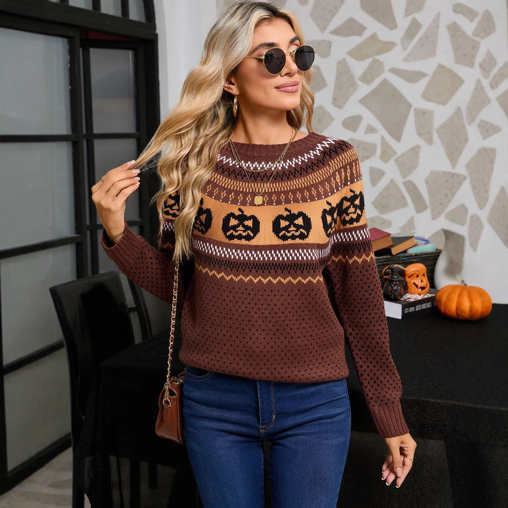 Women's Halloween Pumpkin Embroidered Retro Long-sleeved Sweater - Bests Sale